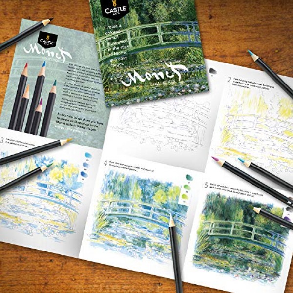 Castle Arts 테마 24 색연필 세트가 주석 상자에 들어 있으며 '모네'에서 영감을 받은 완벽한 색상입니다. 품질, 부드러운 색상의 코어, 뛰어난 블렌딩 및 레이어링 성능을