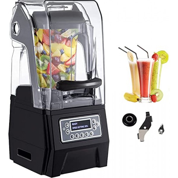110V 상업용 스무디 블렌더 1.5L/50.7oz 1500W 조리대용 무음 블렌더, 사운드 실드 포함, 저소음 블렌더 자가 청소, 다기능 2-in-1 습식 건식 블레이드 포함, 블랙