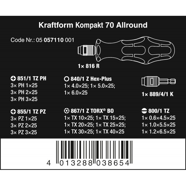 Wera Kraftform Kompakt 70 범용 비트 홀딩 스크루드라이버 및 비트 세트, PH/PZ/SL/TXBO/HEX, 32pc, 05057110001