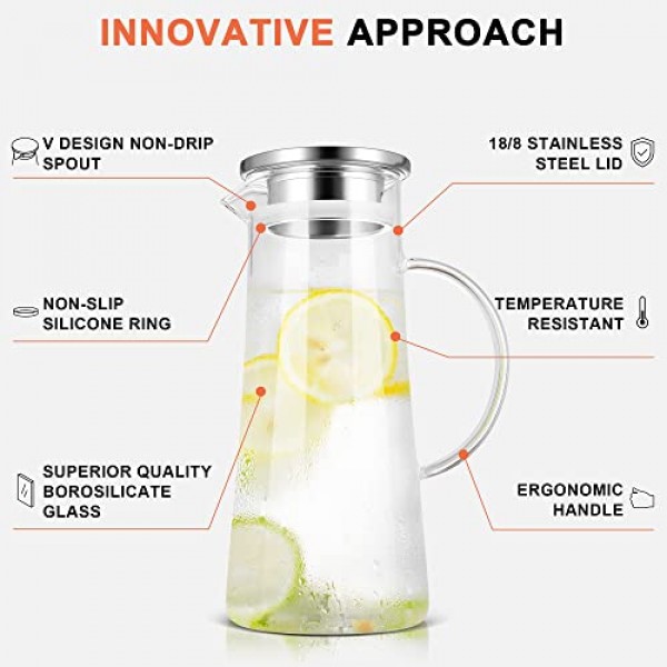 SUSTEAS 1.5리터 51온스 유리 피처(뚜껑 포함), 손잡이가 있고 세척이 간편한 내열 유리병(뜨거운 음료/차가운 음료용) - 물, 콜드브루, 아이스티 및 주스, 무료 긴 손잡이 