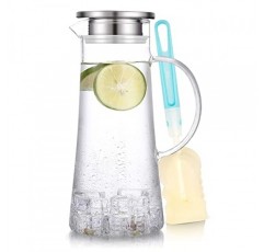 SUSTEAS 1.5리터 51온스 유리 피처(뚜껑 포함), 손잡이가 있고 세척이 간편한 내열 유리병(뜨거운 음료/차가운 음료용) - 물, 콜드브루, 아이스티 및 주스, 무료 긴 손잡이 