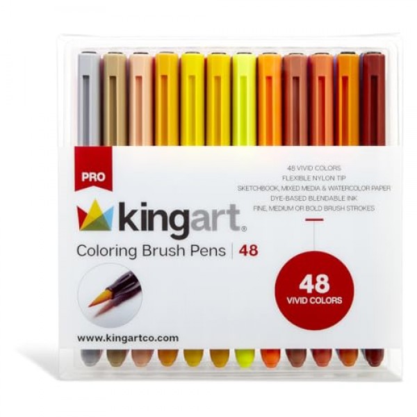 KINGART PRO 컬러링 브러시 펜 수채화 마커, 가늘고 중간 또는 굵은 브러시 스트로크를 위한 혼합 가능한 잉크가 포함된 48가지 생생한 색상