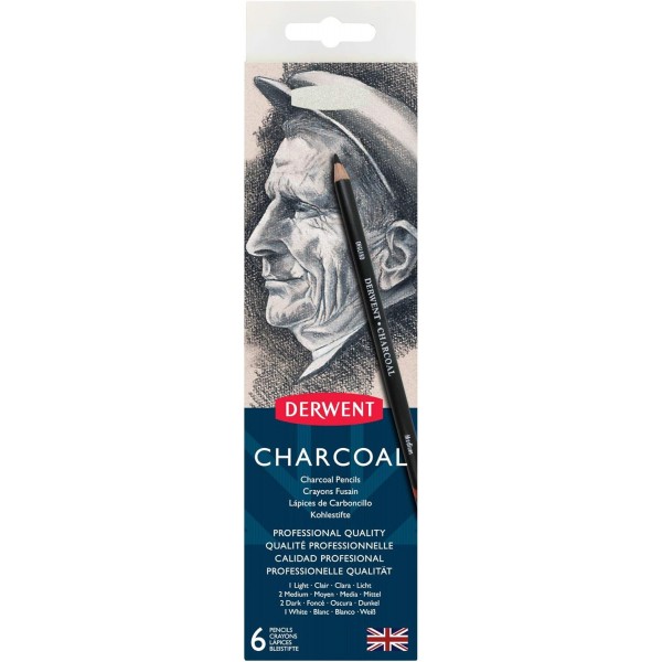 Derwent Charcoal Pencils, Drawing & Writing, 6개 세트, Light, Medium, Dark & ​​Tinted Charcoal White, 블렌딩 및 번짐에 이상적, 샤프너 포함, 전문가급 품질, 0700838