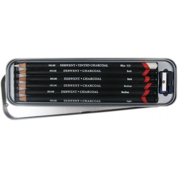 Derwent Charcoal Pencils, Drawing & Writing, 6개 세트, Light, Medium, Dark & ​​Tinted Charcoal White, 블렌딩 및 번짐에 이상적, 샤프너 포함, 전문가급 품질, 0700838