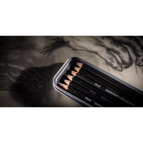 Derwent Charcoal Pencils, Drawing & Writing, 6개 세트, Light, Medium, Dark & ​​Tinted Charcoal White, 블렌딩 및 번짐에 이상적, 샤프너 포함, 전문가급 품질, 0700838
