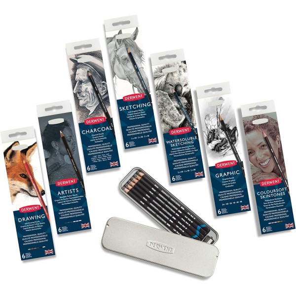 Derwent Charcoal Pencils, Drawing & Writing, 6개 세트, Light, Medium, Dark & ​​Tinted Charcoal White, 블렌딩 및 번짐에 이상적, 샤프너 포함, 전문가급 품질, 0700838