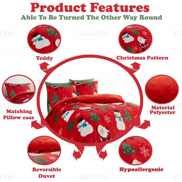 Velvetio Teddy 열 따뜻한 Xmas 침구 세트, 베개 케이스가 있는 Jolly Festive Friends 이불 커버 세트, 귀여워 뒤집을 수 있는 Fleece Kids Quilt Bedset, 3Pcs, 더블 사이즈, Red Jolly Festive F