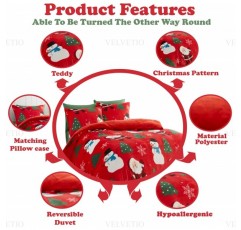 Velvetio Teddy 열 따뜻한 Xmas 침구 세트, 베개 케이스가 있는 Jolly Festive Friends 이불 커버 세트, 귀여워 뒤집을 수 있는 Fleece Kids Quilt Bedset, 3Pcs, 더블 사이즈, Red Jolly Festive F