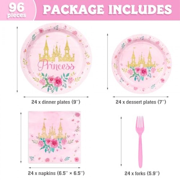 DECORLIFE 공주 파티 용품 24인용, 소녀 생일, 베이비 샤워를 위한 공주 파티 접시 및 냅킨, 총 96개