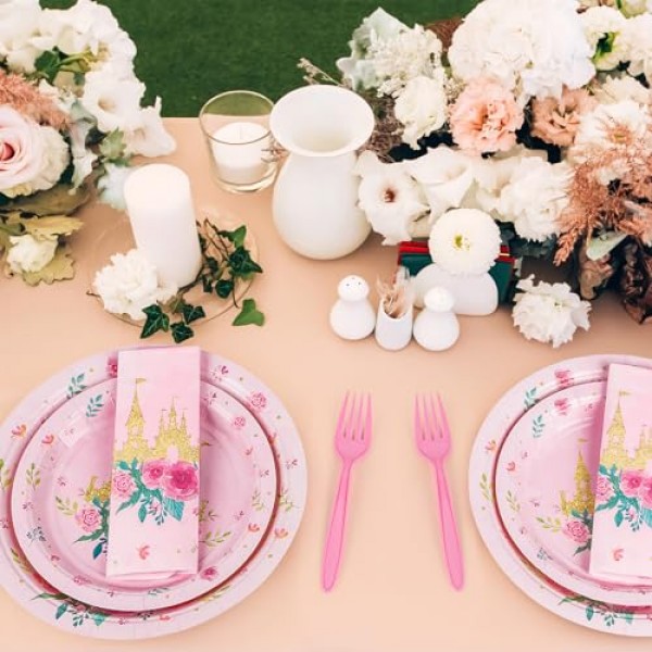 DECORLIFE 공주 파티 용품 24인용, 소녀 생일, 베이비 샤워를 위한 공주 파티 접시 및 냅킨, 총 96개