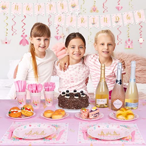 DECORLIFE 공주 파티 용품 24인용, 소녀 생일, 베이비 샤워를 위한 공주 파티 접시 및 냅킨, 총 96개