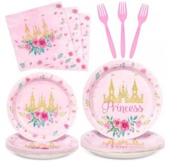 DECORLIFE 공주 파티 용품 24인용, 소녀 생일, 베이비 샤워를 위한 공주 파티 접시 및 냅킨, 총 96개