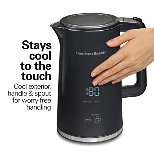해밀턴 비치 디지털 온도 조절 전기 주전자, 온수 보일러 및 히터 1.7L, 5가지 사전 설정 모드 + 보온, 빠른 끓임 1500와트, BPA 프리, 쿨터치 외장, 블랙(41033)