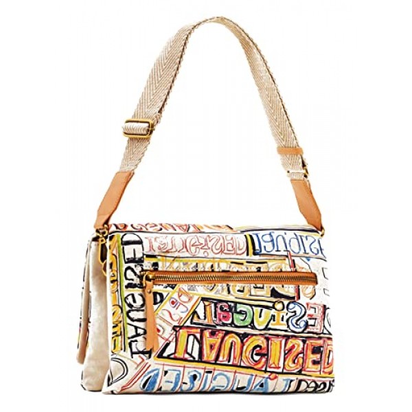 Desigual Maris 9019 여성용 가방 레터링 투티 프루티, 소재 마감, 소재 마감.