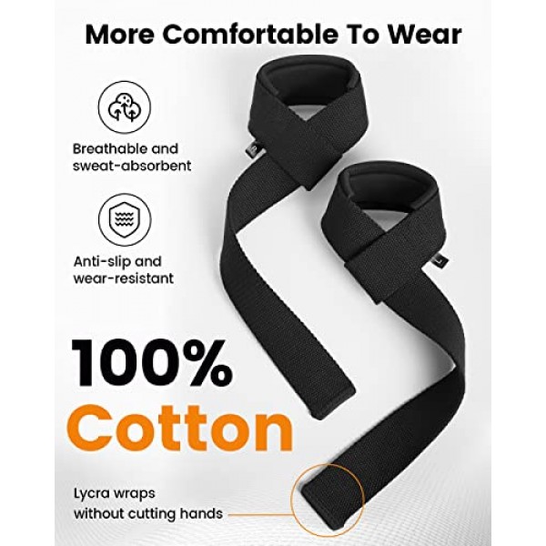 Atercel 리프팅 스트랩 100% 면, 역도용 손목 스트랩, 데드리프트, 보디빌딩, 파워리프팅, 체육관 스트랩 그립 강도, 근력 훈련용 손목 랩이 포함된 패딩 처리된 네오프렌