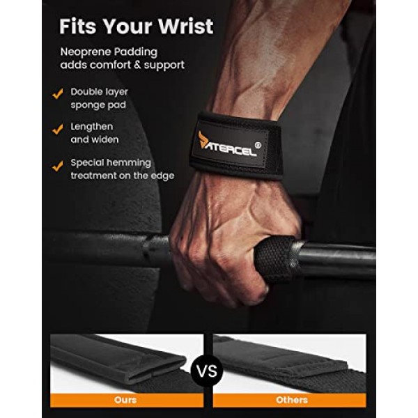 Atercel 리프팅 스트랩 100% 면, 역도용 손목 스트랩, 데드리프트, 보디빌딩, 파워리프팅, 체육관 스트랩 그립 강도, 근력 훈련용 손목 랩이 포함된 패딩 처리된 네오프렌