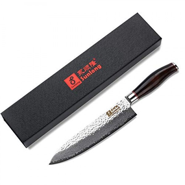 SUNLONG 셰프 칼 8인치 규토 - 일본산 다마스커스 강철 칼날 - 천연 납나무 손잡이