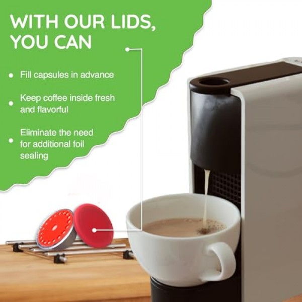 My-Cap 재사용 가능한 커피 캡슐 캡 및 뚜껑 세트 - Nespresso Vertuo 포드와 호환 가능 - 재사용 가능, 식품 등급 및 BPA 프리 커피 포드 캡 및 뚜껑 - Nespresso Vertuo 캡슐 재사용 