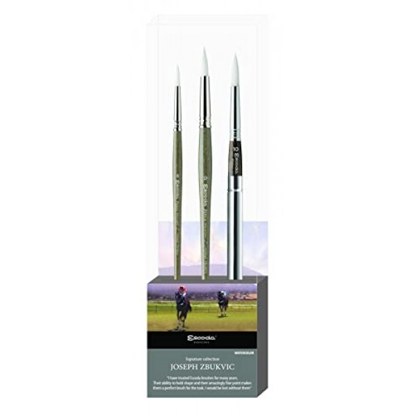 Escoda 시그니처 시리즈 아티스트 수채화 브러쉬 세트, Joseph Zbukvic 세트 #1, Perla 합성 흰색 Toray, 사이즈(원형) 8, 12 및 사이즈(여행용 원형) 10