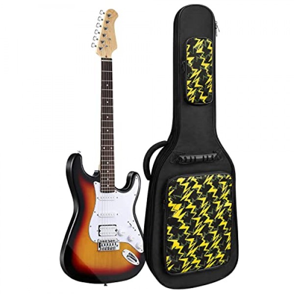 39인치 일렉트릭 기타 가방 케이스 넥 스트랩이 있는 0.38인치 두꺼운 패딩 조절 가능한 어깨 스트랩 방수 노란색 번개 모양 및 블랙 일렉트릭 기타 공연 가방