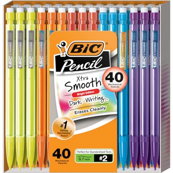 BIC Xtra-Smooth 샤프펜슬(MPCE40-BLK), 브라이트 에디션 미디엄 포인트(0.7mm), 40개 팩, 학교 또는 사무용품용 대용량 샤프펜슬