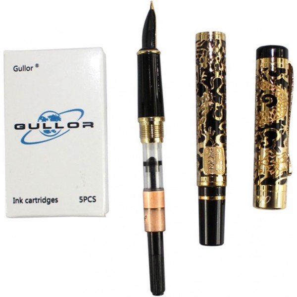 Gullor 고급 만년필 Jinhao 5000 Golden and Black Dragon Year 선물 상자 및 잉크 카트리지 Gold & black + ink