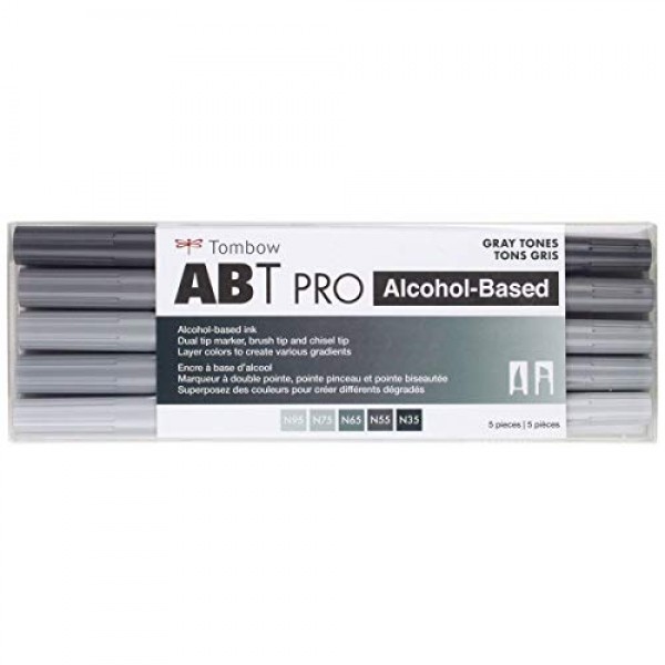 Tombow 56969 ABT PRO 알코올 마커, 회색 톤, 5가지 색상 세트 - 듀얼 팁, 영구 아트 마커는 색칠, 스케치 및 색상 그라데이션 생성에 완벽한 끌 및 브러시 팁을 갖추고 있습니