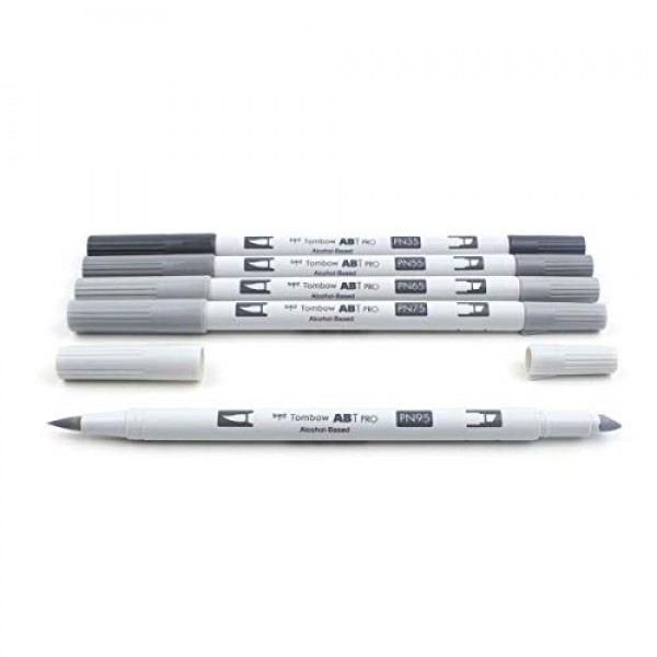Tombow 56969 ABT PRO 알코올 마커, 회색 톤, 5가지 색상 세트 - 듀얼 팁, 영구 아트 마커는 색칠, 스케치 및 색상 그라데이션 생성에 완벽한 끌 및 브러시 팁을 갖추고 있습니