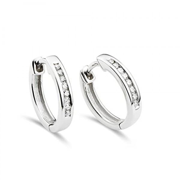 Miore 귀걸이 여성용 0.11캐럿 다이아몬드 라운드 후프 귀걸이 16개 다이아몬드가 세팅된 화이트 골드 9캐럿 / 375금 브릴리언트, 귀걸이