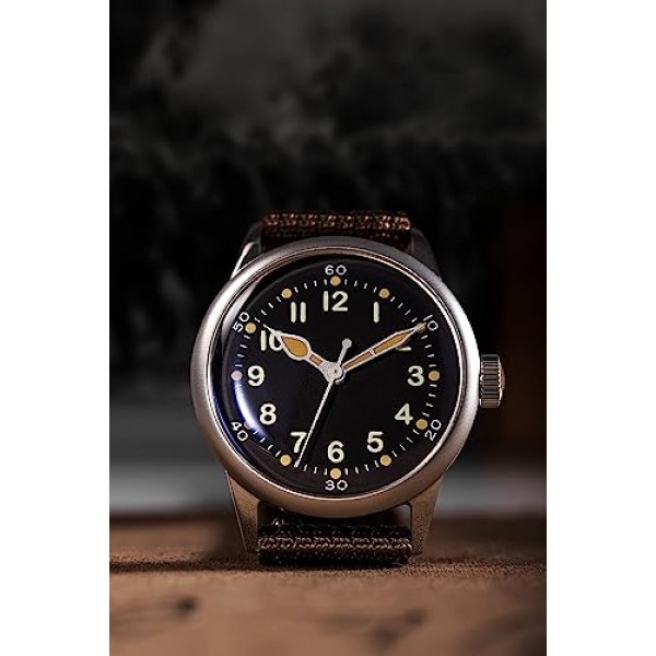 A-11 서비스 시계 남성용 38mm 밀리터리 오토매틱 시계(블랙 다이얼 및 브라운 나일론 스트랩)