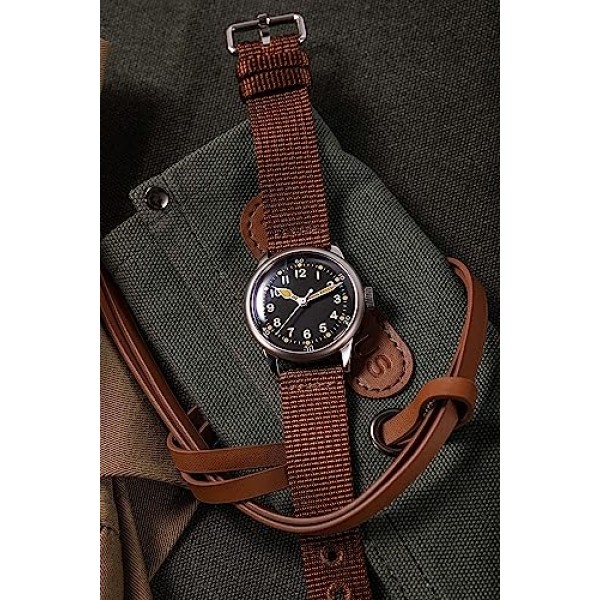 A-11 서비스 시계 남성용 38mm 밀리터리 오토매틱 시계(블랙 다이얼 및 브라운 나일론 스트랩)