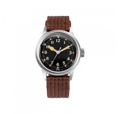 A-11 서비스 시계 남성용 38mm 밀리터리 오토매틱 시계(블랙 다이얼 및 브라운 나일론 스트랩)