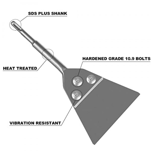 예비 볼트 및 잠금 너트가 포함된 Firecore SDS Plus 바닥 스크레이퍼, 5인치 x 11인치 타일 제거 치즐 도구 회전식 해머 드릴용 긴 핸들 헤비 듀티, 얇은 스크레이퍼 접착제 