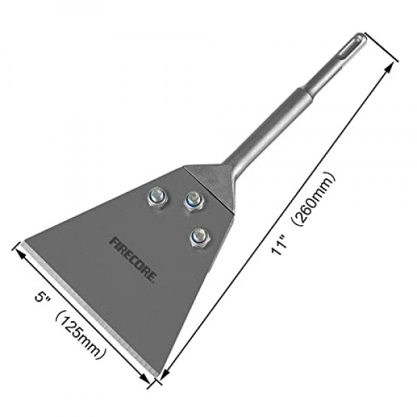 예비 볼트 및 잠금 너트가 포함된 Firecore SDS Plus 바닥 스크레이퍼, 5인치 x 11인치 타일 제거 치즐 도구 회전식 해머 드릴용 긴 핸들 헤비 듀티, 얇은 스크레이퍼 접착제 