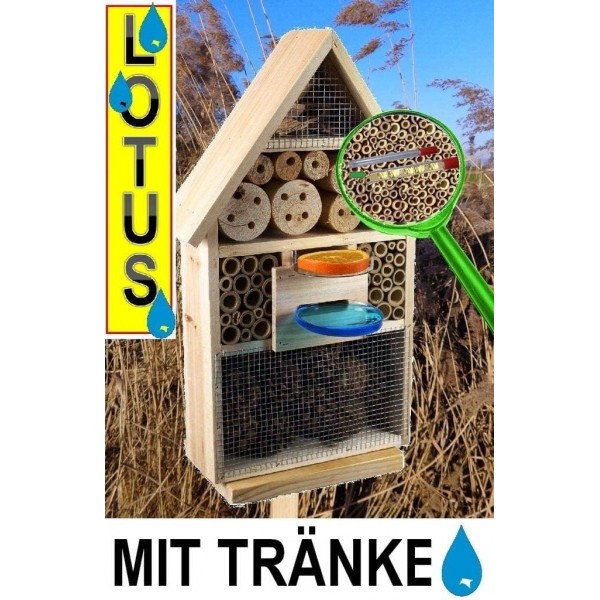 곤충 호텔, LOTUS 버전(발수 표면 포함), 약 8mm 및 11mm 크기의 사이트 글래스 2개 포함(유리로 만든 관찰 튜브 2개, 셀룰로스 폐쇄 및 접근 보조 장치 포함) WITH DRINK SD 및 