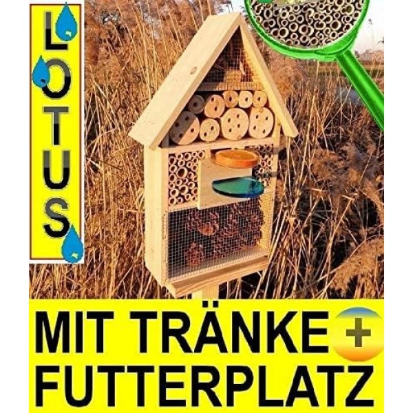 곤충 호텔, LOTUS 버전(발수 표면 포함), 약 8mm 및 11mm 크기의 사이트 글래스 2개 포함(유리로 만든 관찰 튜브 2개, 셀룰로스 폐쇄 및 접근 보조 장치 포함) WITH DRINK SD 및 