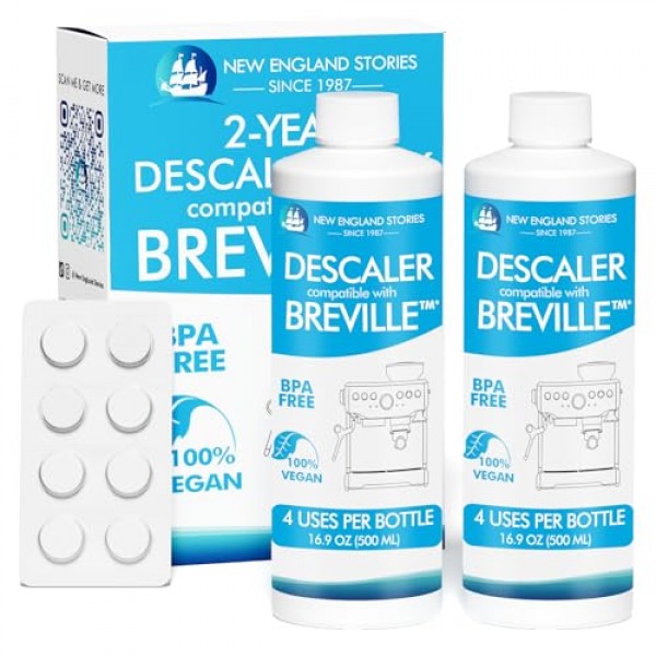 New England Stories Breville 호환 스케일링 솔루션(총 8회 사용), 8개의 세척 정제가 포함된 가치 있는 2년 스케일러 키트, Breville 기계 청소용으로 특별히 설계됨