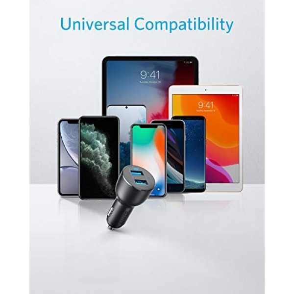 Anker 차량용 휴대폰 충전기 어댑터, 36W 금속 듀얼 USB, PowerDrive III 2포트 36W 합금, iPhone 14 13 12 11 Pro Max 미니 X XR XS, iPad Pro 미니, 갤럭시 S20/ S20+/ S10/ S10e/ S10+ 등
