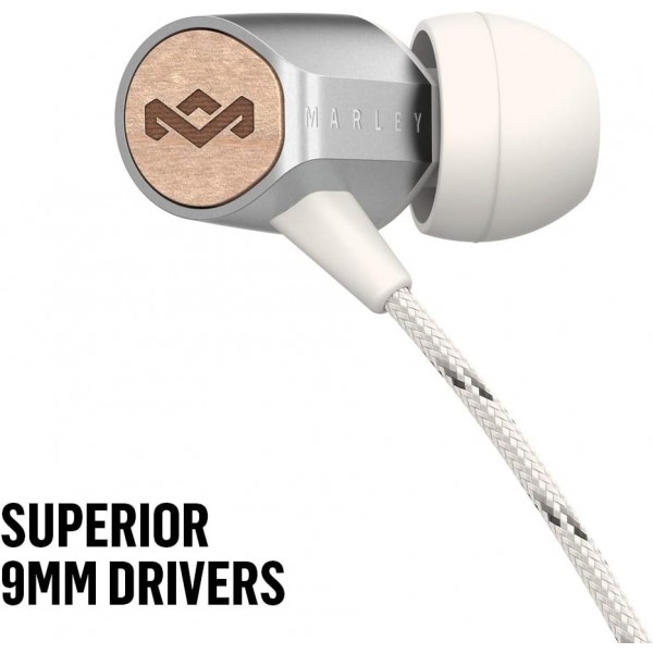 House of Marley Uplift 2.0 - 소음 차단 인이어 헤드폰, 9mm 드라이버, 마이크, 1버튼 컨트롤, 지속 가능한 소재, 다양한 이어팁 크기 - 실버