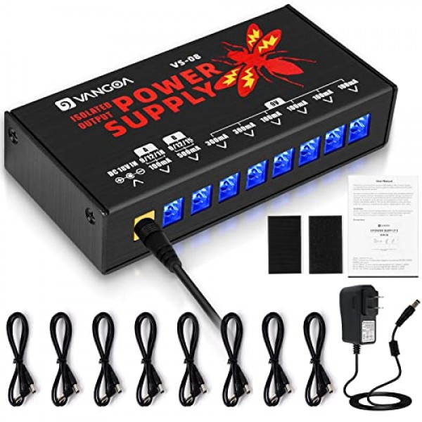 기타 전원 공급 장치, 기타 페달 전원 공급 장치 9V/12V/15V/18V 효과 페달용 절연 DC 출력 8개, 전압 조절 가능, Vangoa 제작