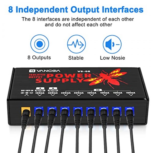 기타 전원 공급 장치, 기타 페달 전원 공급 장치 9V/12V/15V/18V 효과 페달용 절연 DC 출력 8개, 전압 조절 가능, Vangoa 제작