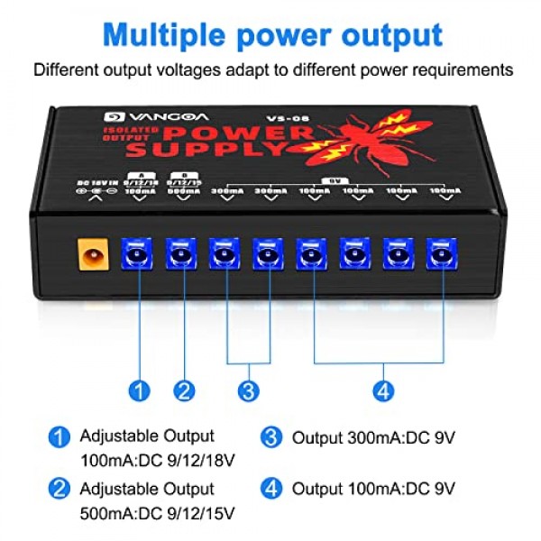기타 전원 공급 장치, 기타 페달 전원 공급 장치 9V/12V/15V/18V 효과 페달용 절연 DC 출력 8개, 전압 조절 가능, Vangoa 제작