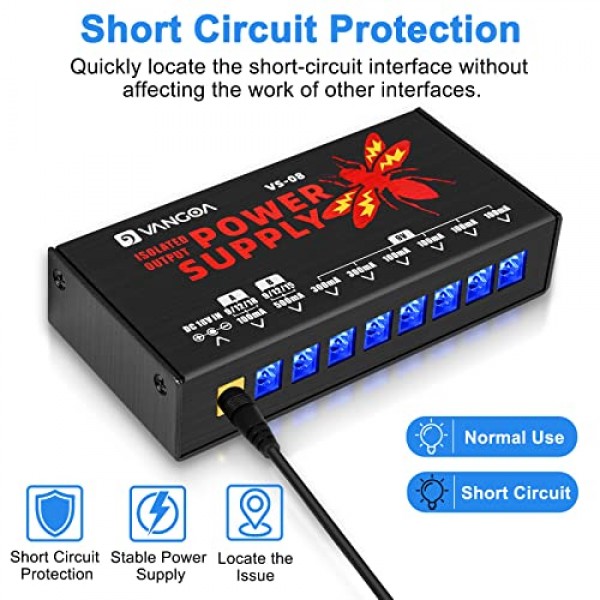 기타 전원 공급 장치, 기타 페달 전원 공급 장치 9V/12V/15V/18V 효과 페달용 절연 DC 출력 8개, 전압 조절 가능, Vangoa 제작