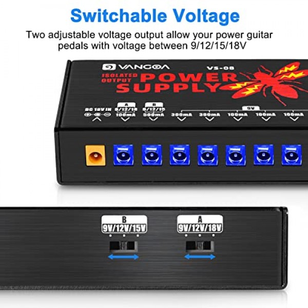 기타 전원 공급 장치, 기타 페달 전원 공급 장치 9V/12V/15V/18V 효과 페달용 절연 DC 출력 8개, 전압 조절 가능, Vangoa 제작