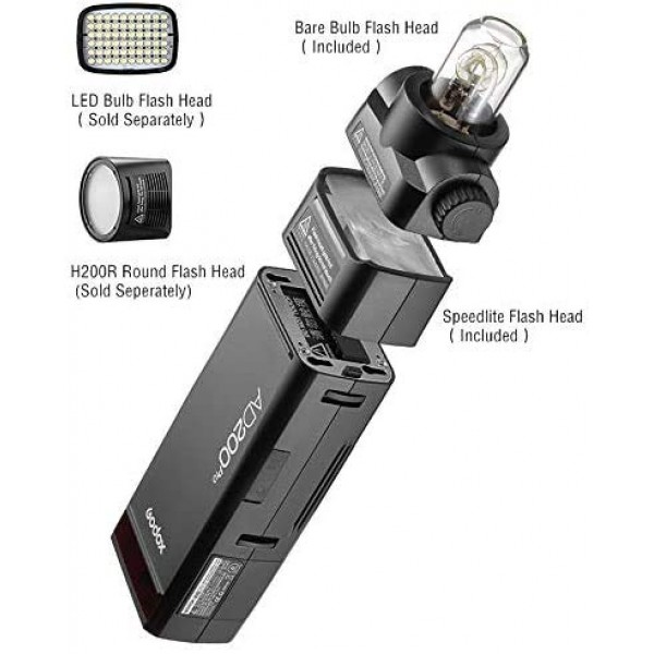 Godox AD200Pro 스트로브 플래시, (Godox AD200 Pro) 200Ws 2.4G 모노라이트 스트로브, 최대 전력 플래시 500회, 1/8000 HSS, 0.01-1.8s 재활용, 2900mAh 배터리, 베어 전구(GN60), 스피드라이