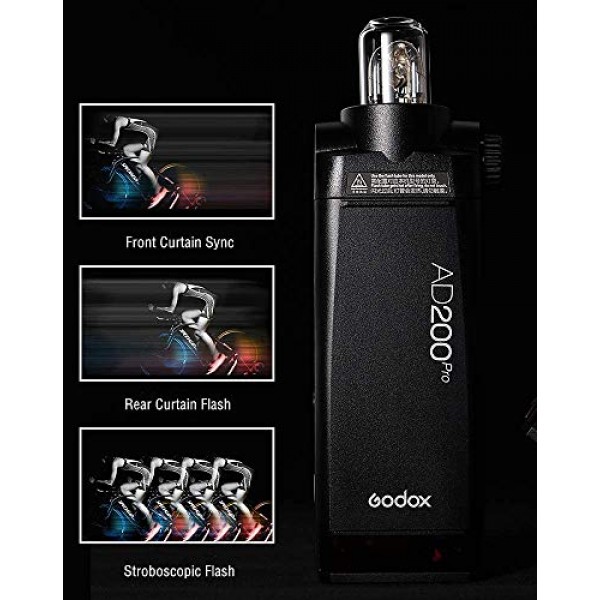 Godox AD200Pro 스트로브 플래시, (Godox AD200 Pro) 200Ws 2.4G 모노라이트 스트로브, 최대 전력 플래시 500회, 1/8000 HSS, 0.01-1.8s 재활용, 2900mAh 배터리, 베어 전구(GN60), 스피드라이