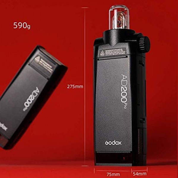 Godox AD200Pro 스트로브 플래시, (Godox AD200 Pro) 200Ws 2.4G 모노라이트 스트로브, 최대 전력 플래시 500회, 1/8000 HSS, 0.01-1.8s 재활용, 2900mAh 배터리, 베어 전구(GN60), 스피드라이