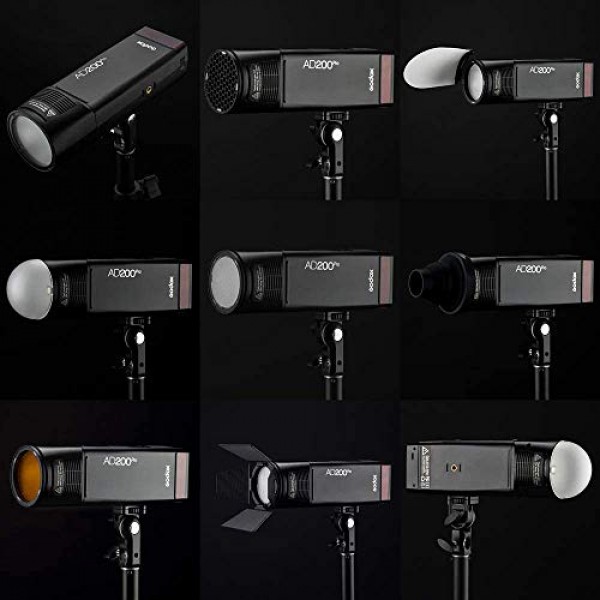 Godox AD200Pro 스트로브 플래시, (Godox AD200 Pro) 200Ws 2.4G 모노라이트 스트로브, 최대 전력 플래시 500회, 1/8000 HSS, 0.01-1.8s 재활용, 2900mAh 배터리, 베어 전구(GN60), 스피드라이