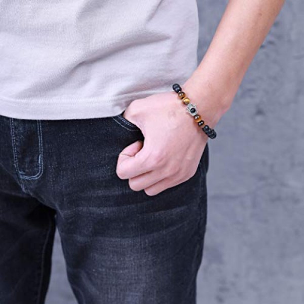 Coai 남녀공용 오닉스 및 타이거 아이 팔찌, 함사 핸드 참 포함