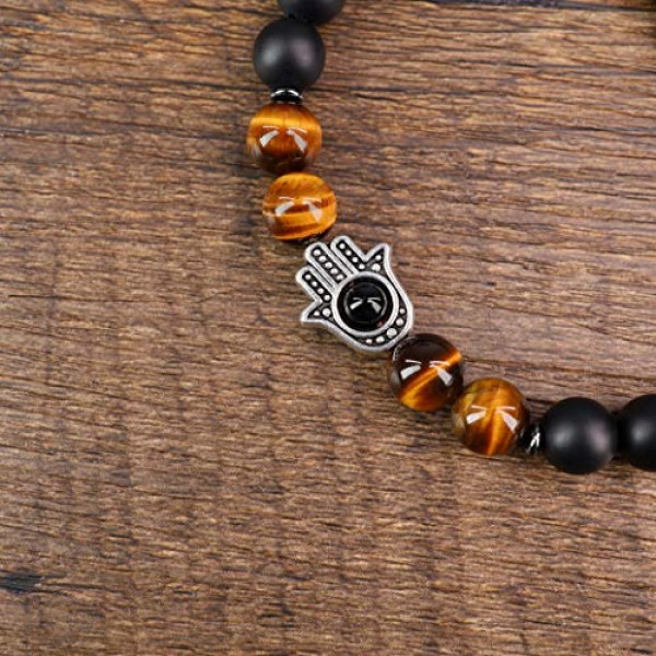 Coai 남녀공용 오닉스 및 타이거 아이 팔찌, 함사 핸드 참 포함